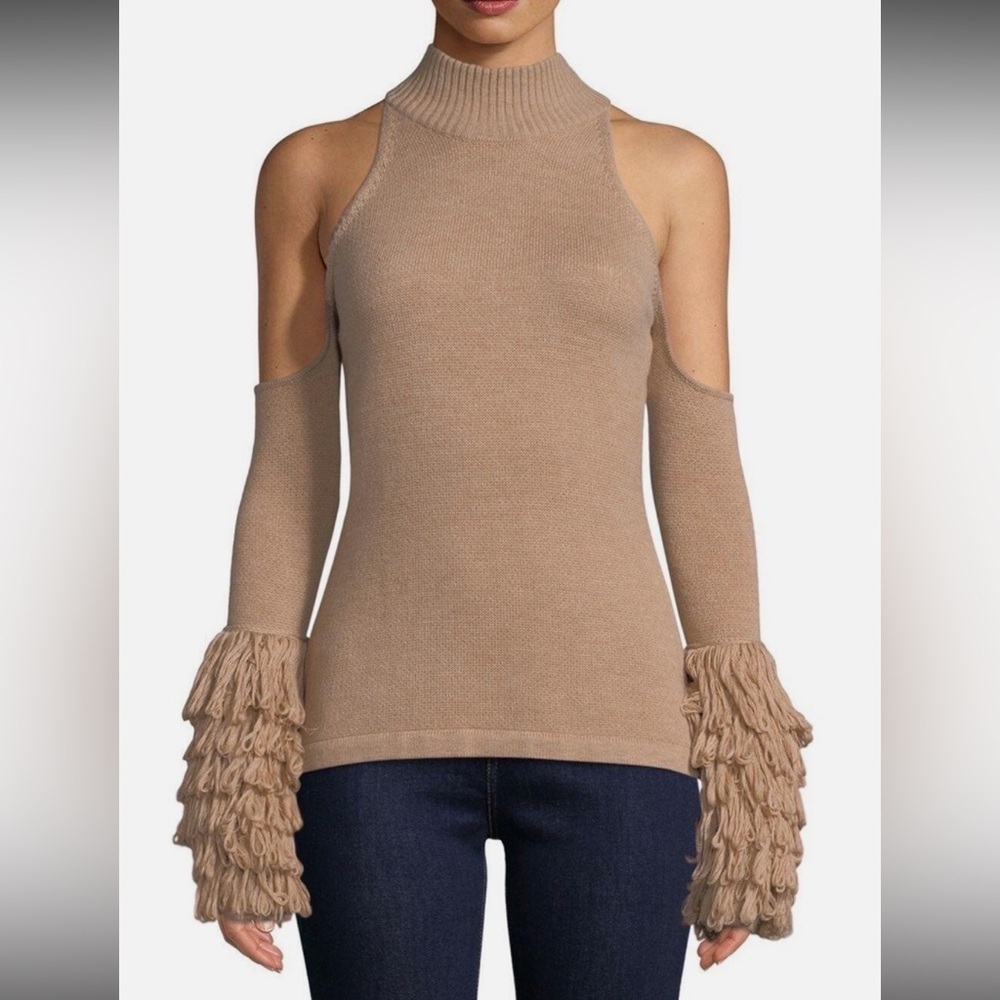 Jonathan Simkhai Loopy Yarn Cold Shoulder Pullover Tan Turtleneck Sweater